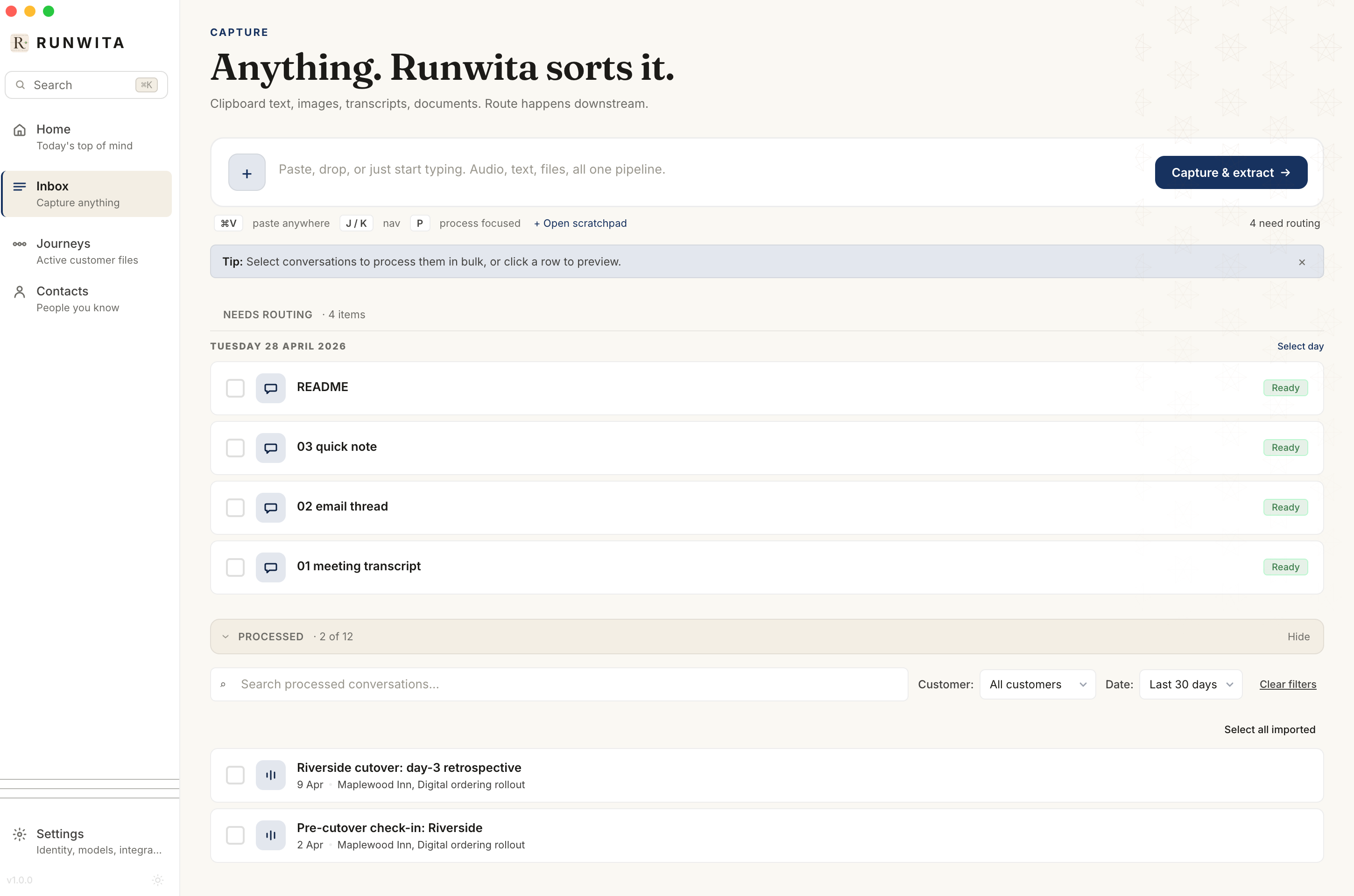 The Runwita capture inbox with a meeting transcript, an email thread, and a quick note all queued for routing.