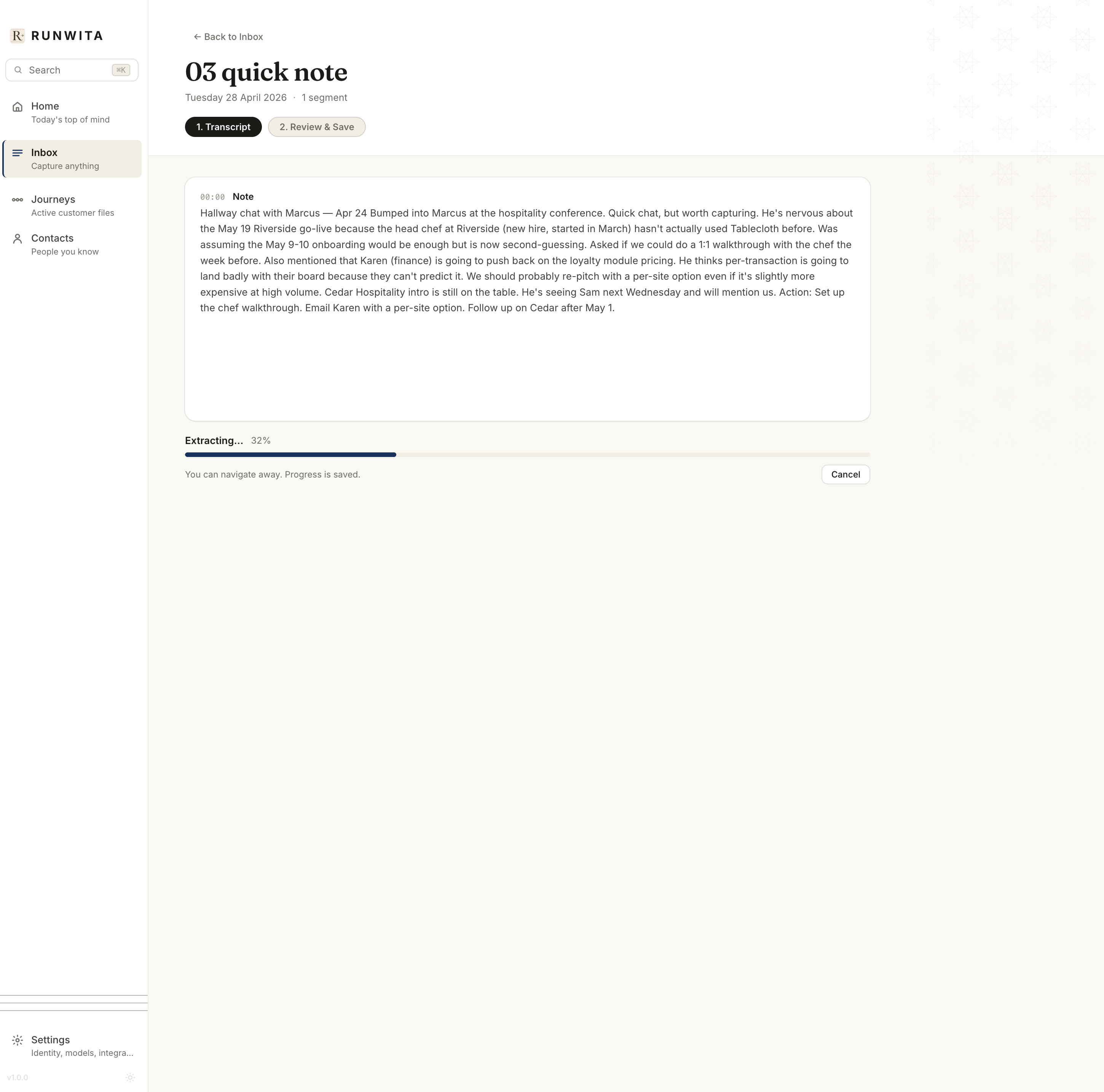 A note being processed. Progress bar shows extraction at 32 percent.