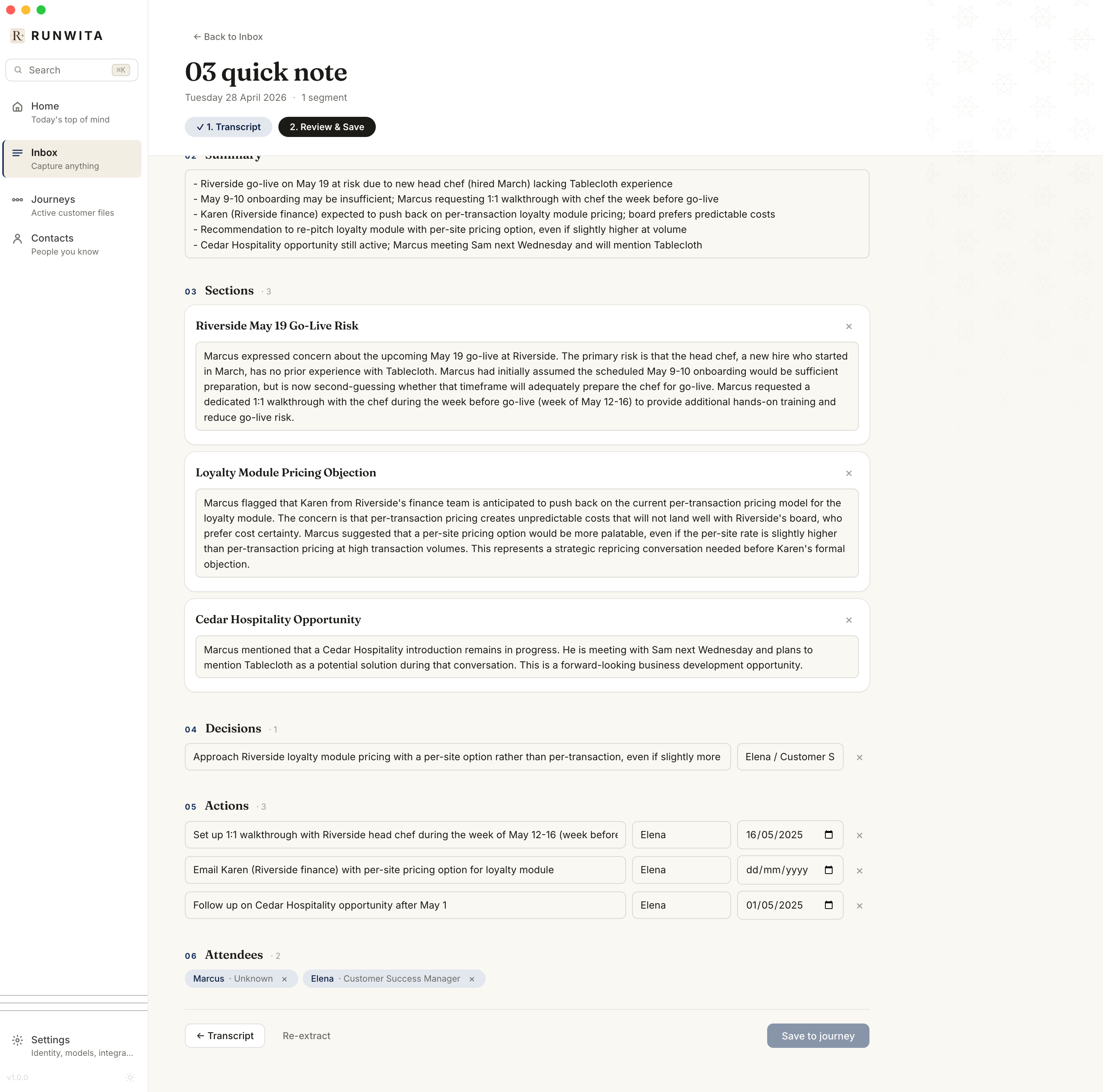 Extraction complete. The note now shows summary, three topics, decisions, actions with owners and due dates, attendees, all editable.