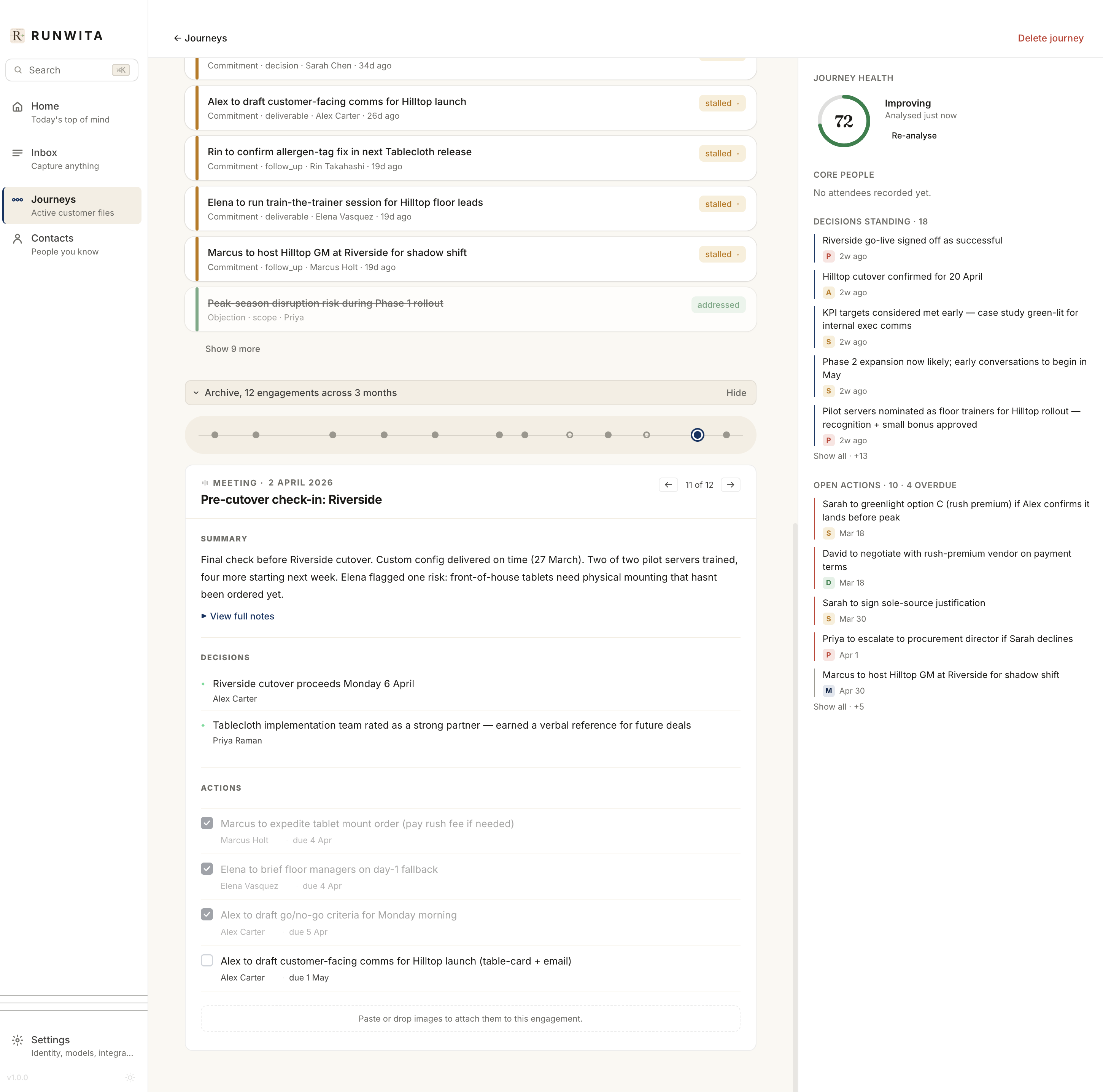 A single engagement view: pre-cutover check-in with summary, decisions, and actions with checkboxes.